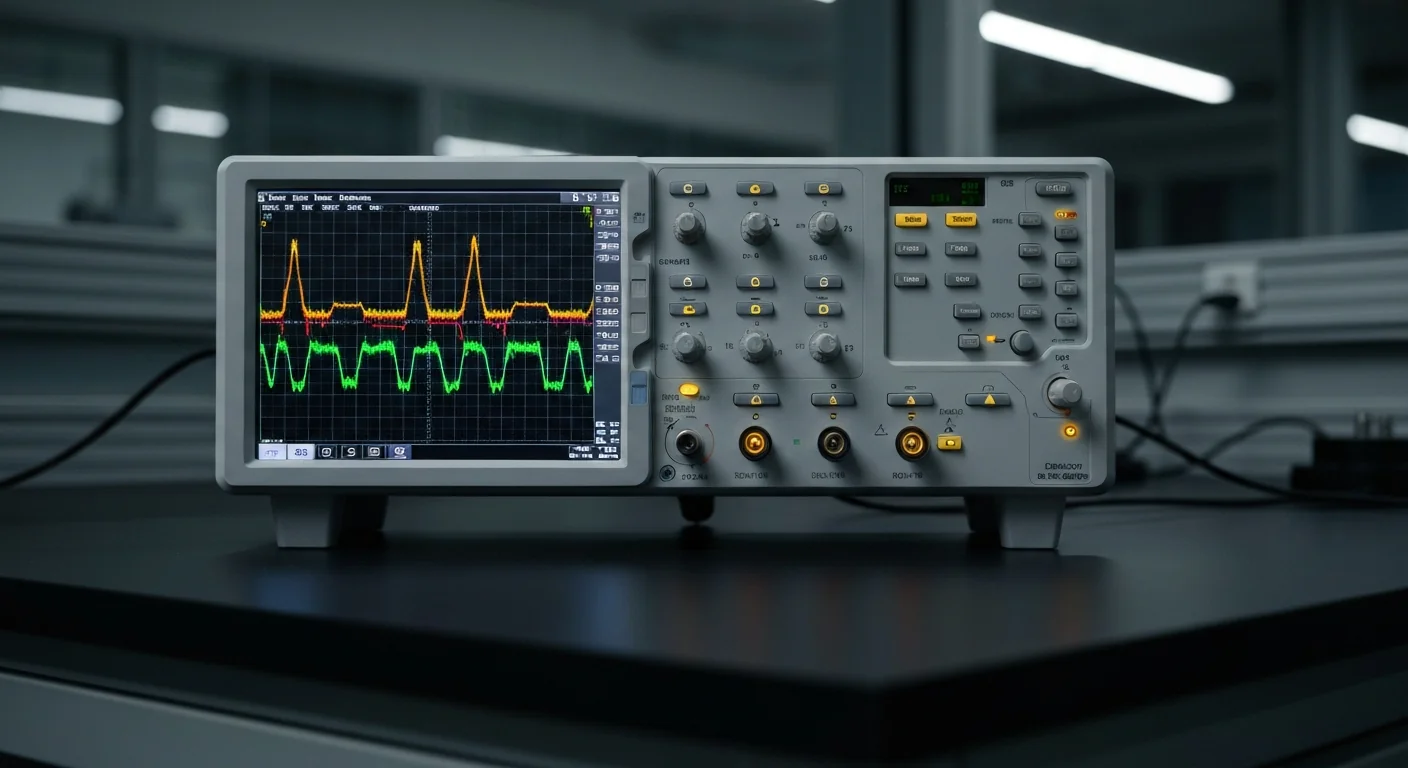 Осцилограф з RF-сигналом під час лабораторного тестування захисного модуля